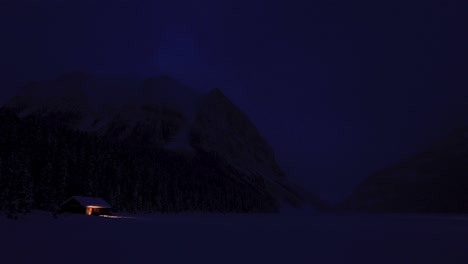 Lake-Louise-Cabin,-Early-Sunrise,-Mystical-Blue-Morning,-4K