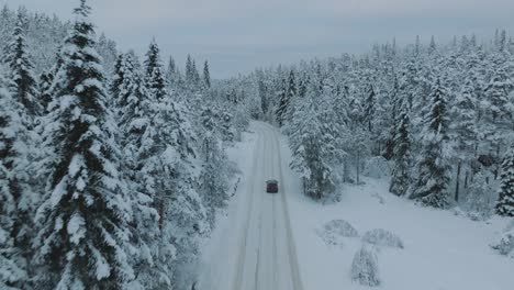 Electric-vehicle-driving-in-beautiful-snowy-landscape-in-Norway-with-snow-covered-tree-tops