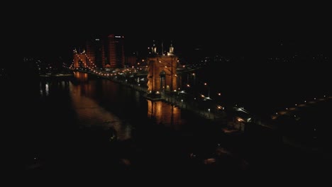 Aerial-Night-Suspension-Bridge-Pan,-Cincinnati,-Ohio