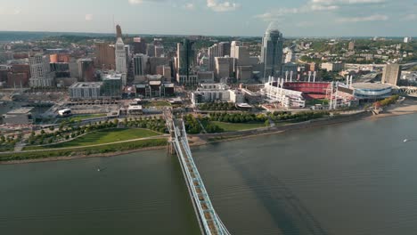 High-Aerial-of-Suspension-Bridge-and-Downtown-Cincinnati,-Ohio