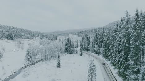 An-electric-vehicle-crousing-through-a-snowy-lanscape-with-snow-covered-tree-tops