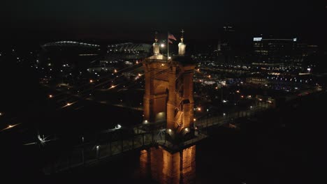 Aerial-Descent-Pan-of-Suspension-Bridge-Tower,-Cincinnati,-Ohio