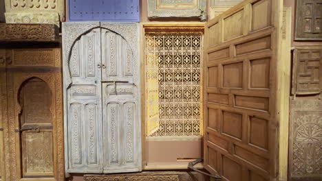 Wooden-doors-heritage-and-architecture,-opening-and-closing-at-Morocco-pavilion-at-EXPO-Dubai-2020