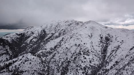 Stunning-aerial-drone-shot-of-winter-inspiring-mountain-snow-cold,-Sardinia