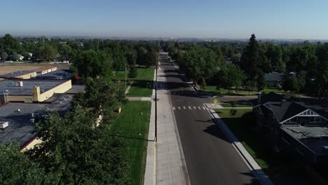 Aerial-flight-over-city-sidewalks-with-a-drone