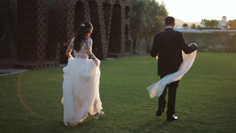 A-bride-and-groom-walking-through-a-field-of-grass