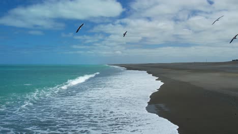 Low-aerial-slow-motion-of-seagulls-above-breaking-waves-of-beautiful-turquoise-colored-South-Pacific-Ocean