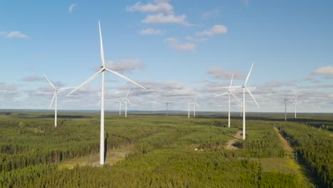 Wind-turbine-farm-panning-shot,-drone-view-of-a-wind-energy-generation-installation-offshore-during-a-sunny-day
