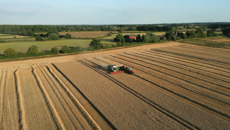 Establishing-Drone-Shot-of-Claas-Combine-Harvester-Unloading-Grain-to-Tractor-with-Trailer-at-Golden-Hour-whilst-Harvesting-UK