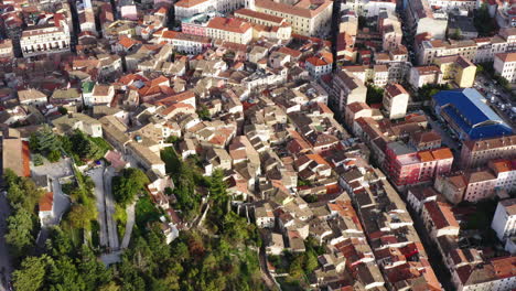 Aerial-shot-of-historic-old-town-in-Campobasso-in-Molise-region-in-Italy-during-sunset