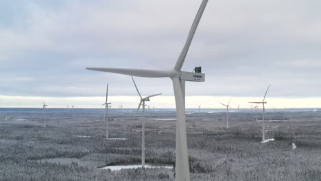 View-of-the-wind-farm-renewable-energy-generation-in-Europe-during-winter,-still-drone-shot