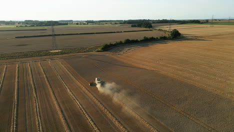 Establishing-Drone-Shot-of-Combine-Harvester-in-Dust-at-Golden-Hour-Dusk-Sunset