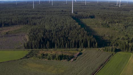 Reveal-shot-of-an-offshore-wind-farm-in-the-middle-of-a-forest,-drone-shot-of-wind-turbines