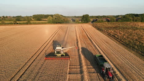 Front-On-Drone-Shot-of-Claas-Combine-Harvester-with-Arm-Out-and-Tractor-with-Empty-Trailer-Driving-By-at-Golden-Hour-UK