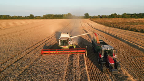 Front-On-Drone-Shot-of-Claas-Combine-Harvester-Harvesting-and-Emptying-Grain-to-Red-Tractor-with-Green-Trailer-at-Golden-Hour-with-Long-Shadows