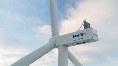 Vestas-wind-turbine-in-europe-producing-renewable-energy,-close-up-of-renewable-energy-production-equipment