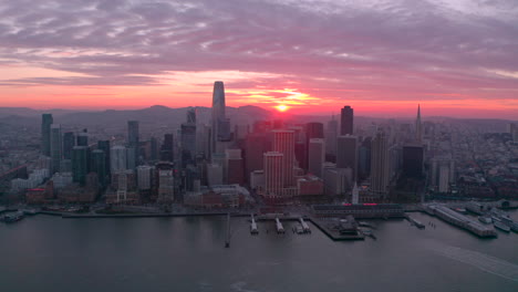 Rising-aerial-shot-of-San-Francisco-seafront-at-sunset