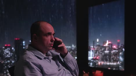 Man-sitting-near-raining-window-on-phone-with-city
