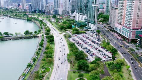 Drone-view-of-traffic-flow-along-Cinta-Costera-in-Panama-City