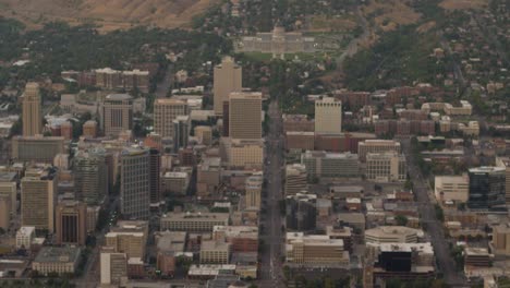 Aerial-footage-of-downtown-Salt-Lake-City,-State-Street,-Utah-capitol-building