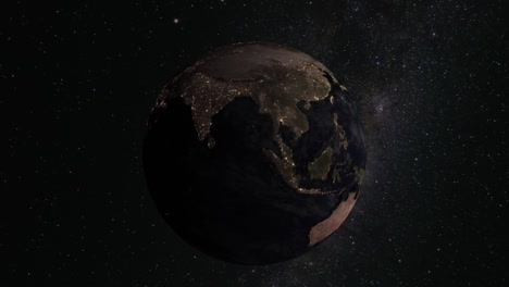 Planet-Erde-Weltkugel-Raum-Milchstraße-Rotierende-Sterne-Universum-Wissenschaft-Erdkunde-Sonnenlicht-Stadtlichter-Zeitraffer