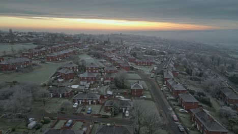 Aerial-drone,-footage,-Depicting-harsh-winter-cold-spell-with-mist-and-freezing-temperatures