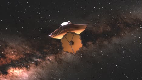 James-Webb-Weltraumteleskop-Mit-Rotierender-Kamera-Und-Jwst,-Die-Sich-An-Frühen-Universumsbildern-Vorbeibewegt---3D-CGI-Animation-4k