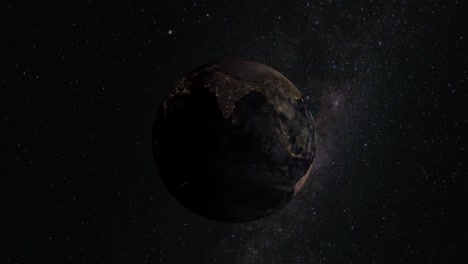 Planeta-Tierra-Mundo-Globo-Espacio-Vía-Láctea-Rotación-Estrellas-Universo-Ciencia-Geografía-Sol-Luz-Ciudad-Luces-Lapso-De-Tiempo