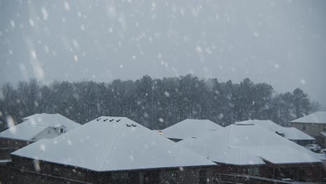 Schneefall-Mit-Häusern-Und-Bäumen-Im-Hintergrund