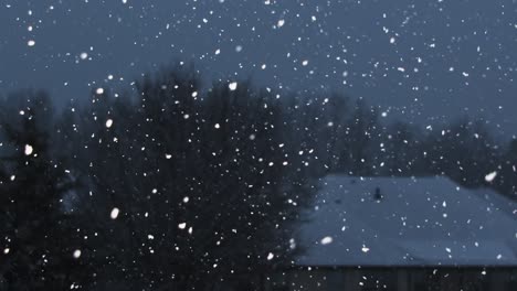 Schneegestöber-In-Zeitlupe-Vor-Einbruch-Der-Dunkelheit-Mit-Bäumen-Und-Einem-Haus-Im-Hintergrund