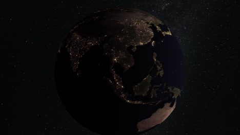 Planet-Erde-Weltkugel-Raum-Milchstraße-Rotierende-Sterne-Universum-Wissenschaft-Erdkunde-Sonnenlicht-Stadtlichter-Zeitraffer