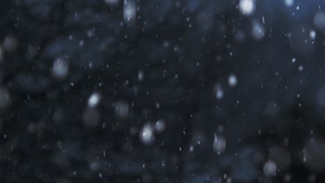 slow-motion-closeup-of-snow-falling-in-the-evening,-camera-panning-from-left-to-right-slowly
