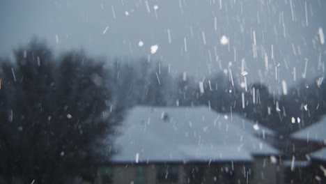 close-up-shot-of-snow-falling-with-trees-and-houses-in-the-background