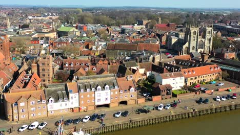 Aerial-view-of-Kings-Lynn-river-frontage,-from-Kings-Lynn-Minster-to-Purfleet-Quay