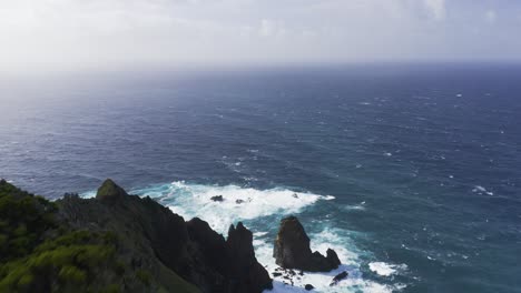 Drone-footage-of-endemic-vegetation-revealing-dramatic-cliffs-and-rock-formations-and-the-Atlantic-Ocean-in-the-background-in-Sao-Jorge-island,-Azores,-Portugal