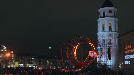 Church-tower-in-European-central-square-with-concert-stage