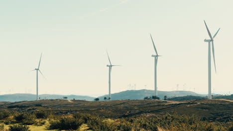 A-panoramic-view-of-wind-turbines-standing-still-against-a-backdrop-of-majestic-mountains-on-a-sunny-day