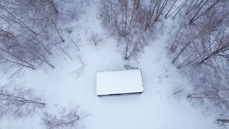 Single-residential-container-located-in-the-middle-of-the-forest-between-the-trees---roof-covered-with-snow