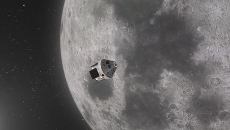Orion-Artemis-Kapsel,-Die-Sich-Elegant-über-Der-Mondoberfläche-Dreht-Und-Sich-Auf-Die-Landung-Mit-Sternenhintergrund-Vorbereitet---3D-CGI-Animation-4k