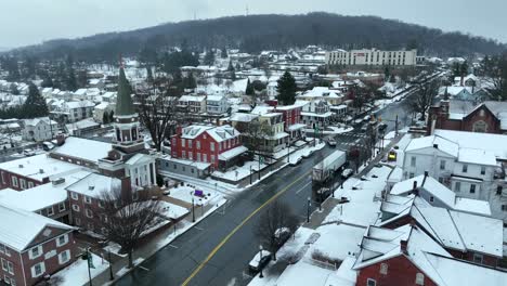 Aerial-establishing-shot-of-snow-covered-town-in-America