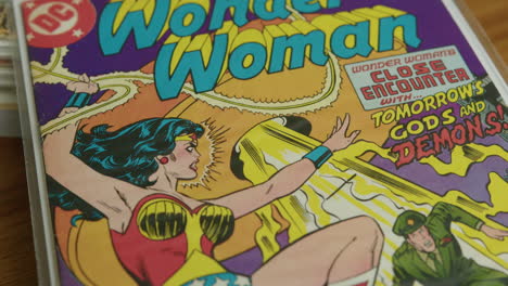 Extreme-Close-Up-Tilt-Up-of-a-Wonder-Woman-Comic-Book