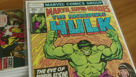 Close-Up-Tilt-Down-of-a-The-Incredible-Hulk-Comic-Book