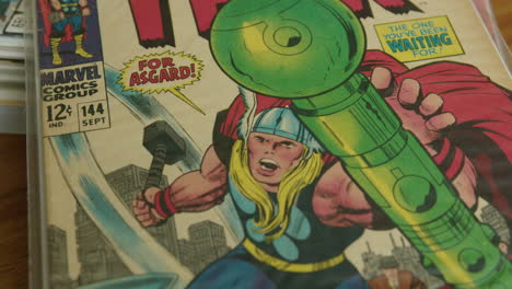 Close-Up-Tilt-Down-of-a-The-Mighty-Thor-Comic-Book