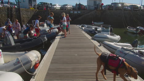 People-Disembarking-From-Boat-On-Wooden-Jetty-With-Dog-In-St-Mawes,-Cornwall,-England,-UK