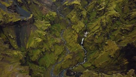 Aerial-view-above-rivers-flowing-and-natural-textures-and-patterns-of-the-Icelandic-terrain