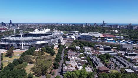 Low-aerial-toward-Melbourne-Cricket-ground-and-Sports-district-Australia