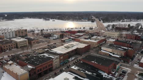 Aerial,-empty-downtown-Stevens-Point-during-winter-season
