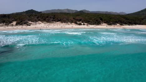 Mallorca-Beach-Cala-Aguila-An-Einem-Sonnigen-Tag-Mit-Einer-Möwe,-Die-Durch-Den-Schuss-Mit-Klarem-Blauem-Wasser-Fliegt