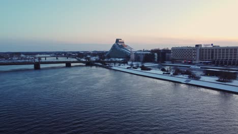 Latvian-national-library-building-exterior-in-aerial-establishing-shot-of-Riga