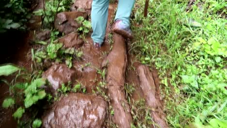 Mujer-Caminando-Por-Un-Sendero-Inundado-Y-Fangoso-En-Una-Caminata-Por-La-Selva-Tropical